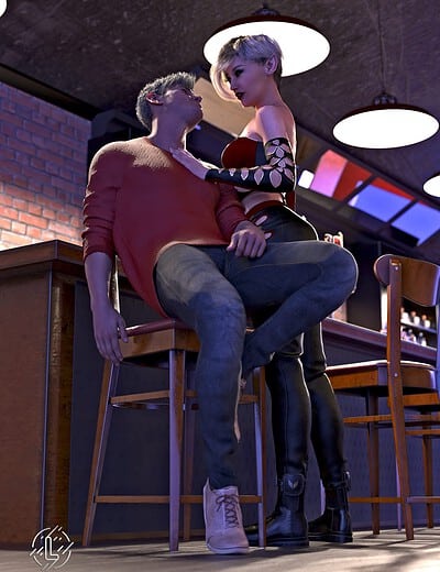 Modern bar scene with confident woman and relaxed man under warm, dramatic lighting.