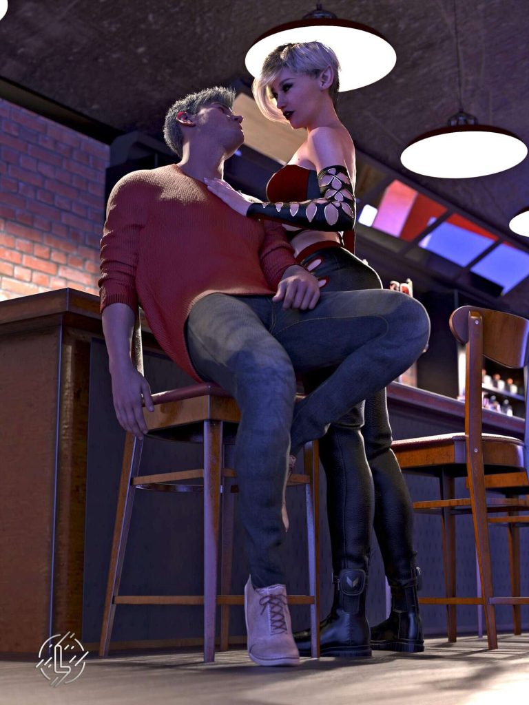 Modern bar scene with confident woman and relaxed man under warm, dramatic lighting.