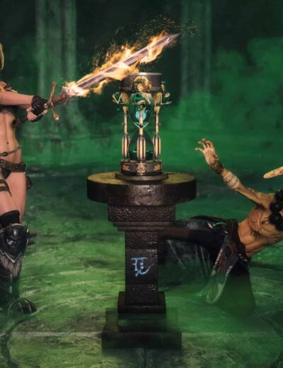 Fierce warrior battles skeletal guardian in enchanted, fog-filled chamber with glowing runes and magic energy.
