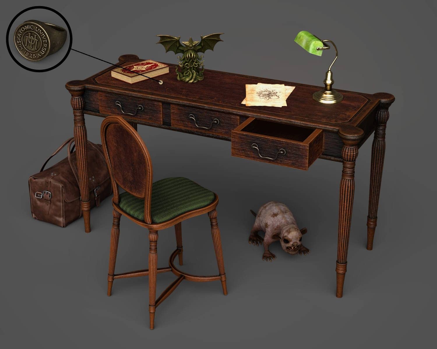 Antique occult research desk with mysterious creature beneath, Lovecraft-inspired, vintage Gothic horror scene.
