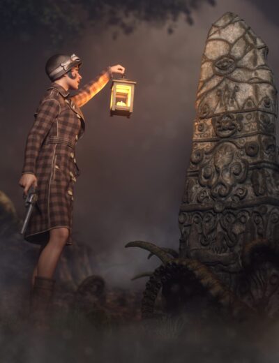 Woman in vintage explorer attire guards a mysterious monolith with tentacles in foggy forest.