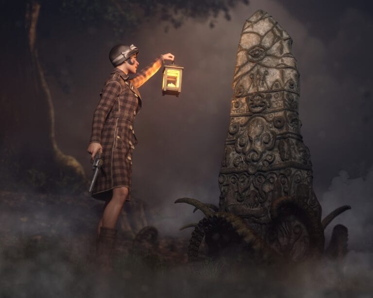 Woman in vintage explorer attire guards a mysterious monolith with tentacles in foggy forest.