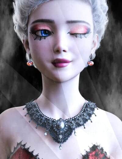 Gothic woman with luminous blue eye, intricate jewelry, porcelain skin, and smoky, dramatic background.