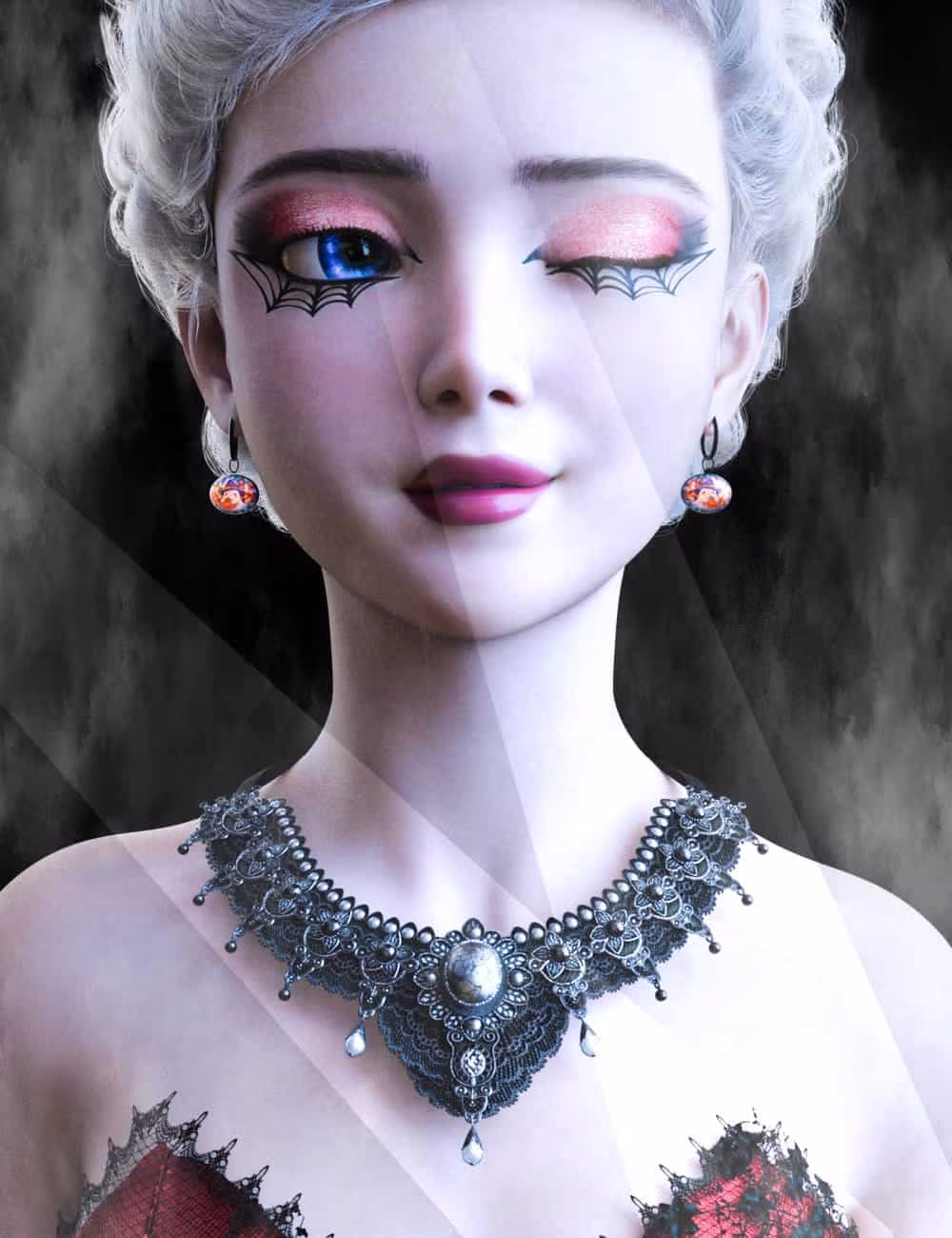 Gothic woman with luminous blue eye, intricate jewelry, porcelain skin, and smoky, dramatic background.