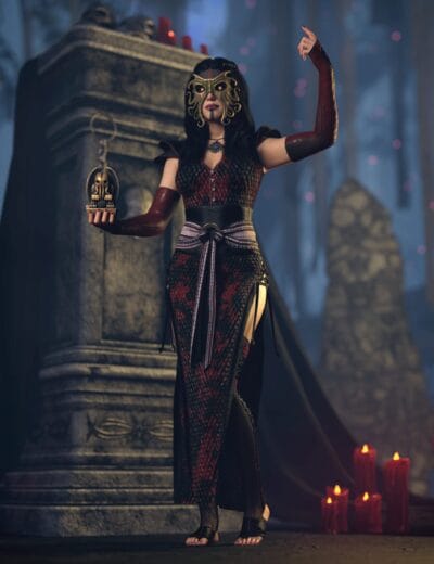 Mysterious sorceress performing occult ritual with candlelit altar in foggy, ancient surroundings.