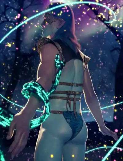 Ethereal elf casting magic in glowing, enchanted forest with shimmering energy and mystical atmosphere.