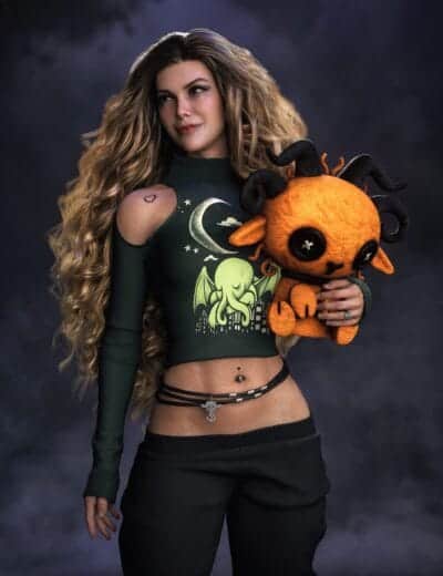 Young woman in dark fantasy green top with Cthulhu design, holding cute plush, confident expression.