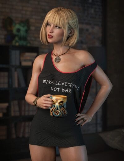 Woman with blonde hair, Lovecraft-themed mug, casual black top, cozy book-filled room.
