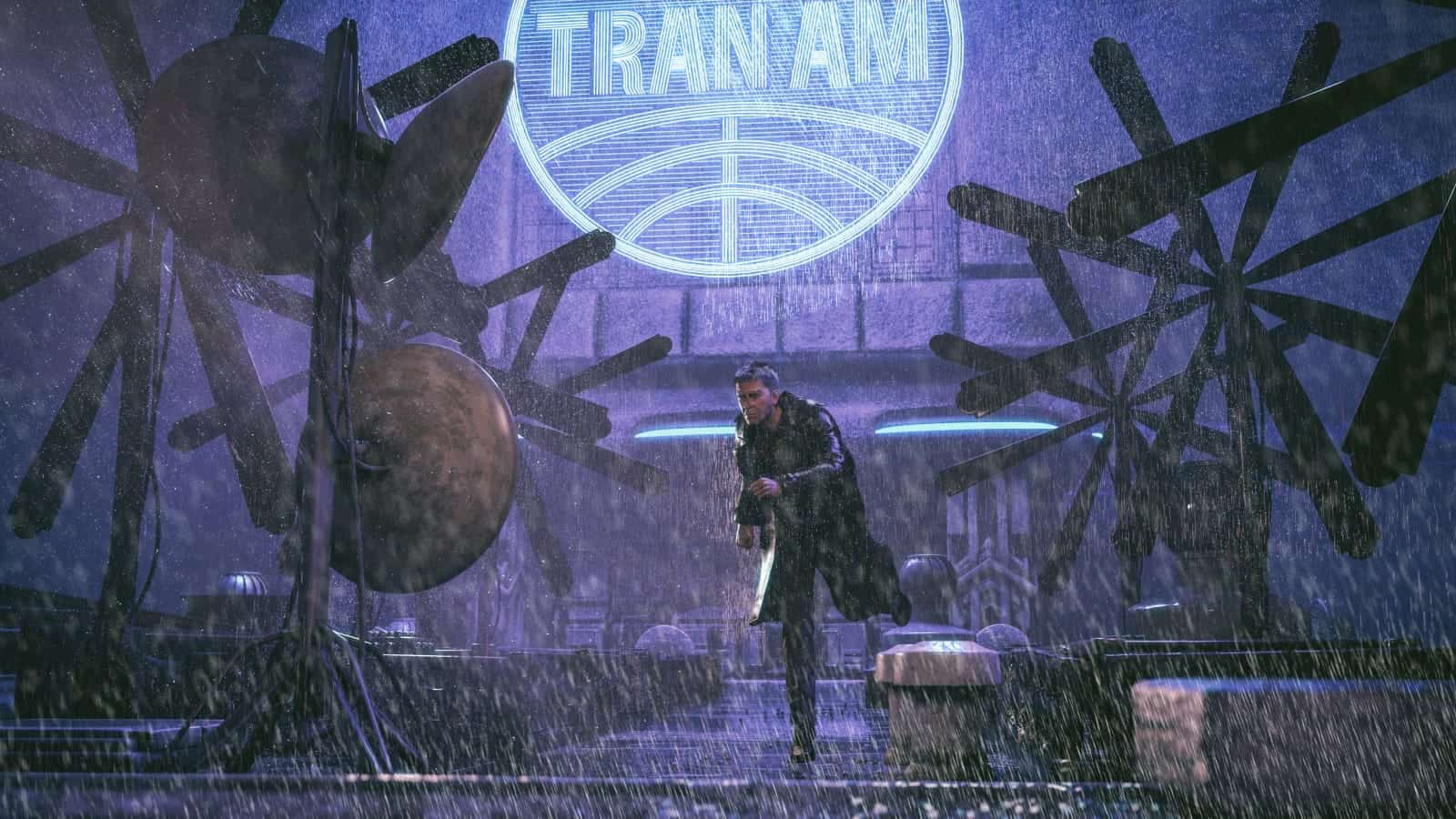 Futuristic cityscape with neon lights, heavy rain, and a solitary figure in cyberpunk style.