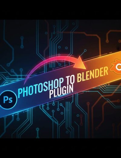 Illustration of Photoshop to Blender plugin with logos, arrow, and digital circuit background.