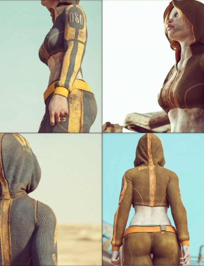 Rugged female survivor in weathered post-apocalyptic outfit with faded orange tones and survival details.