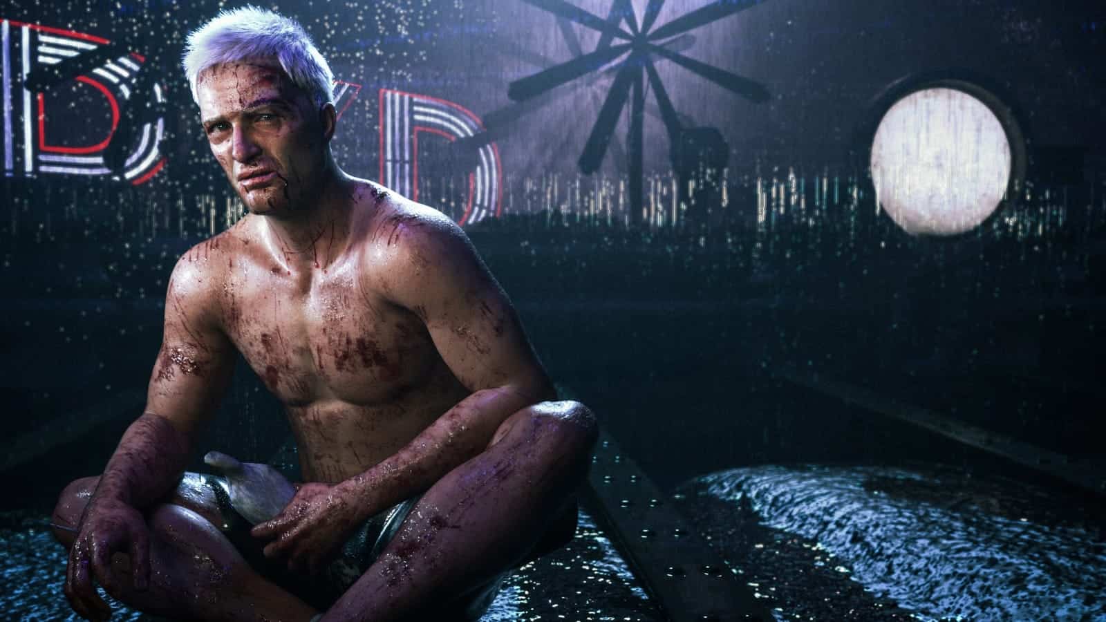 Rain-soaked cyberpunk warrior resting on gritty rooftop amidst neon-lit dystopian city.