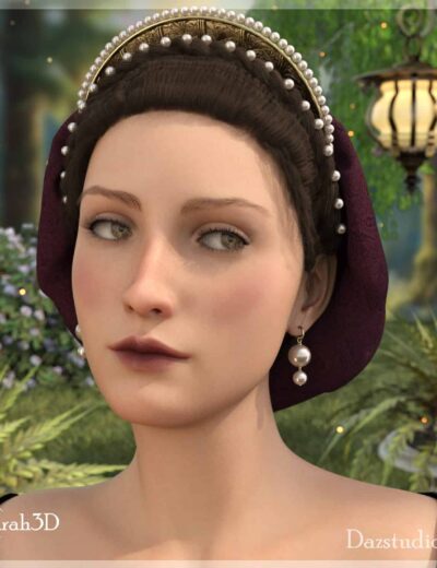 Renaissance-style womans garden portrait with pearl headdress and elegant, serene expression.