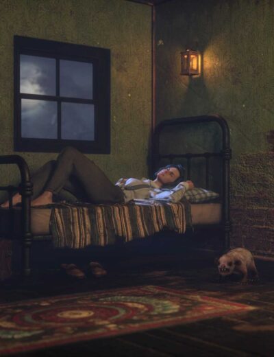 Cozy rustic room at night with person, dog, warm candlelight, and vintage ambiance.