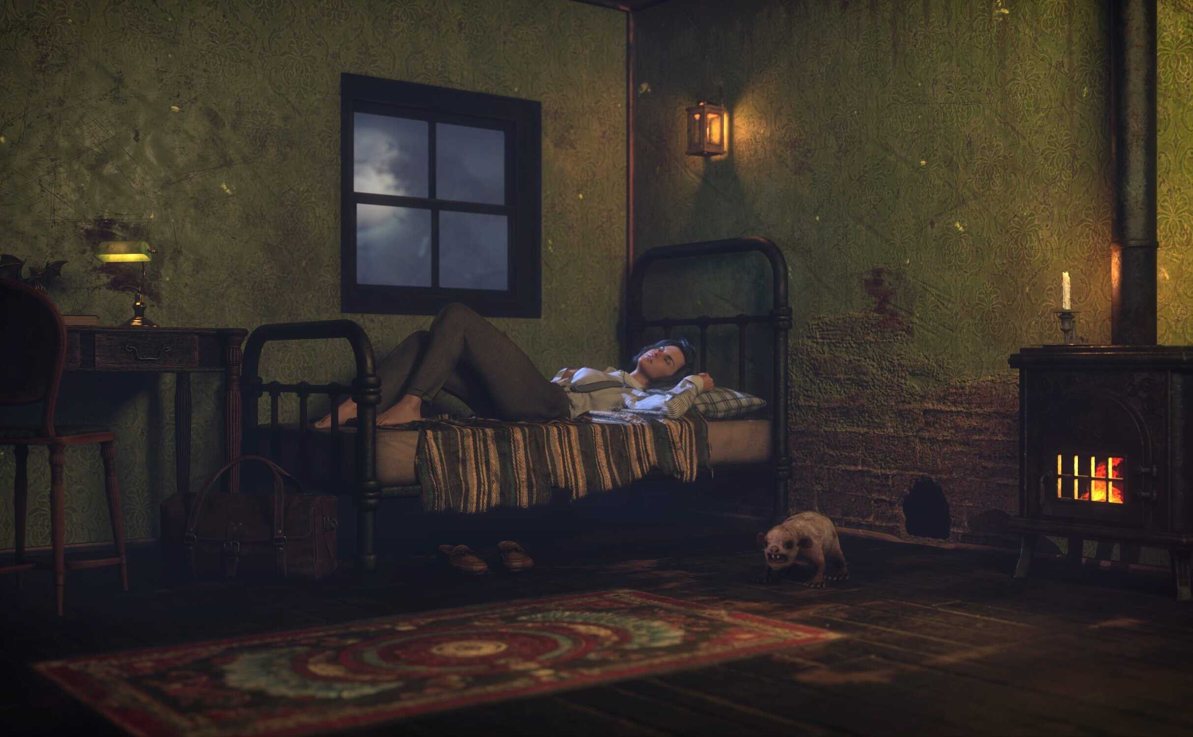 Cozy rustic room at night with person, dog, warm candlelight, and vintage ambiance.