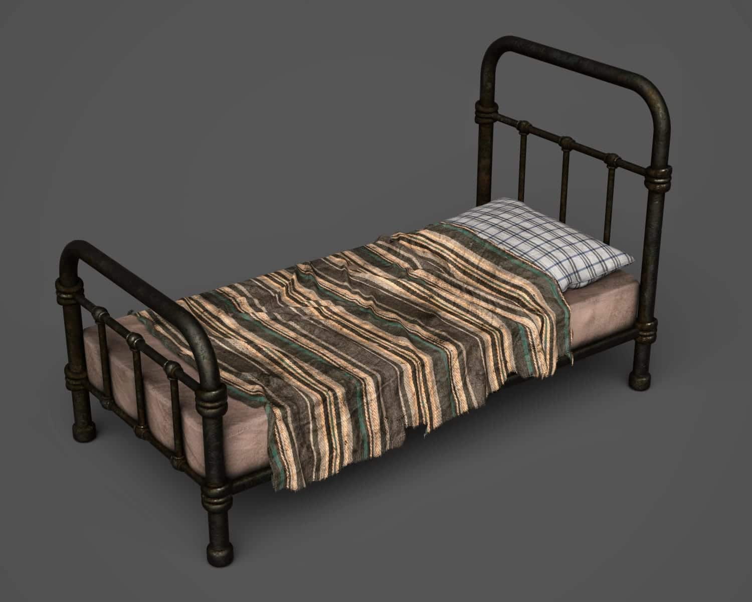 Rustic metal bed with worn striped blanket and checkered pillow in vintage, utilitarian setting.