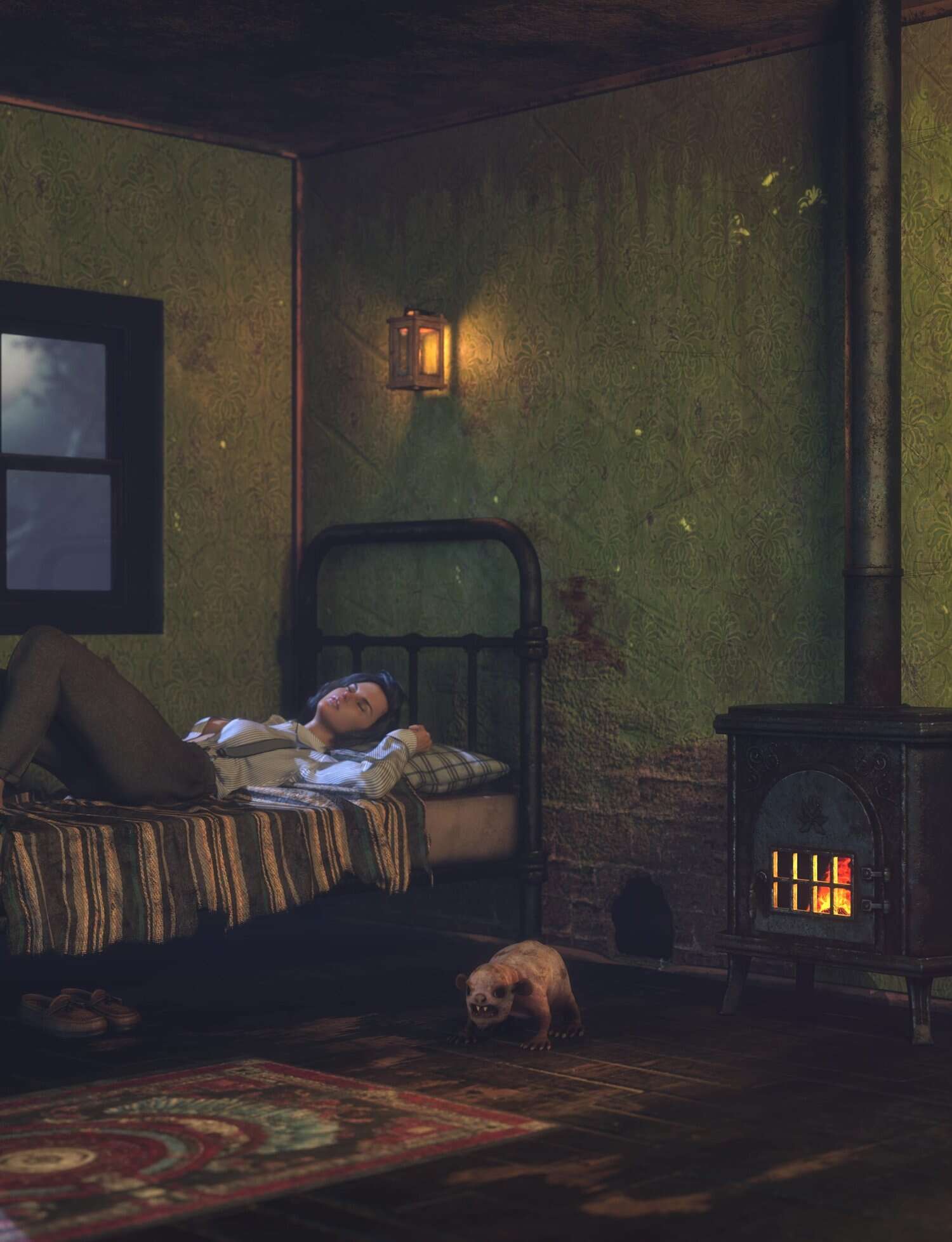 Rustic room with sleeping person and mysterious creature on the floor, warm glow, aged walls, quiet atmosphere.