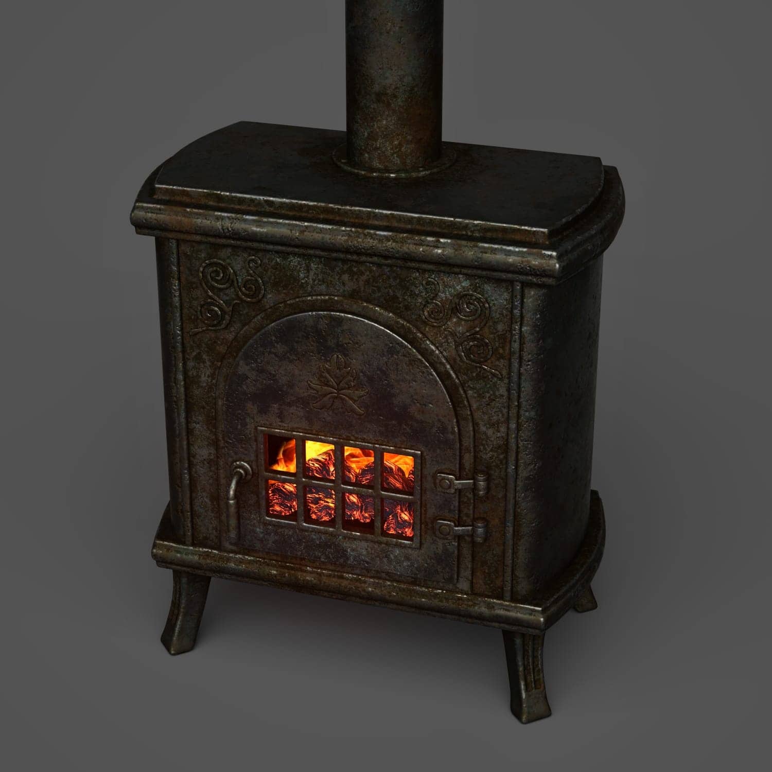 Vintage cast iron wood stove with glowing embers and decorative accents in rustic setting.