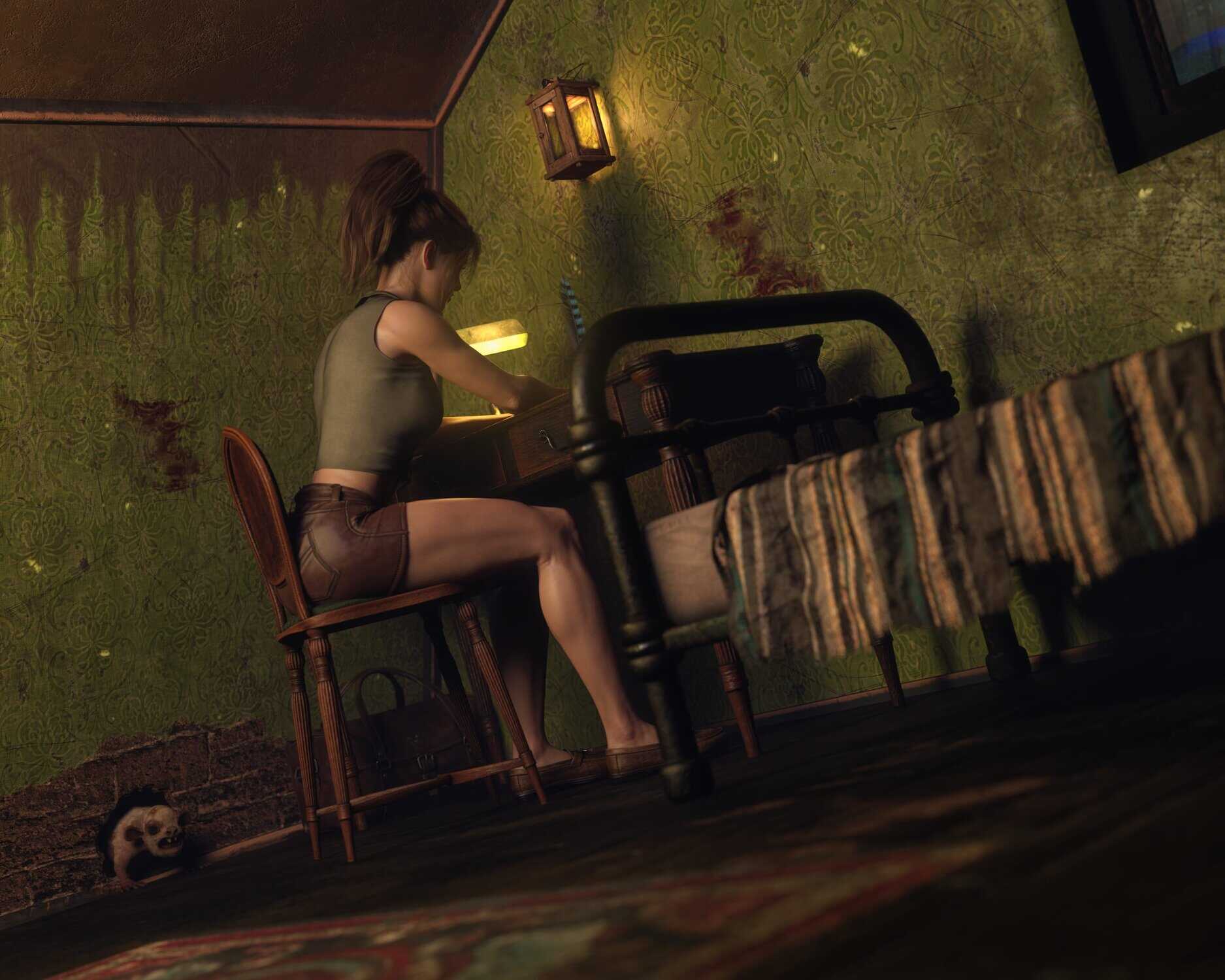 Young woman writing in a dark, eerie room with a shadowy doll lurking nearby.
