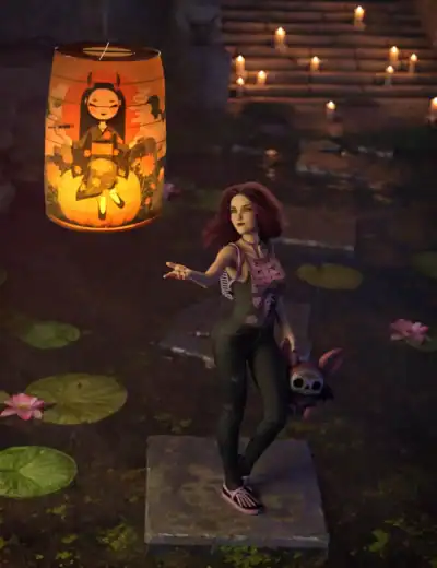 Young woman reaching toward glowing lantern amidst water and candlelit serenity, blending modern and mystical symbols.