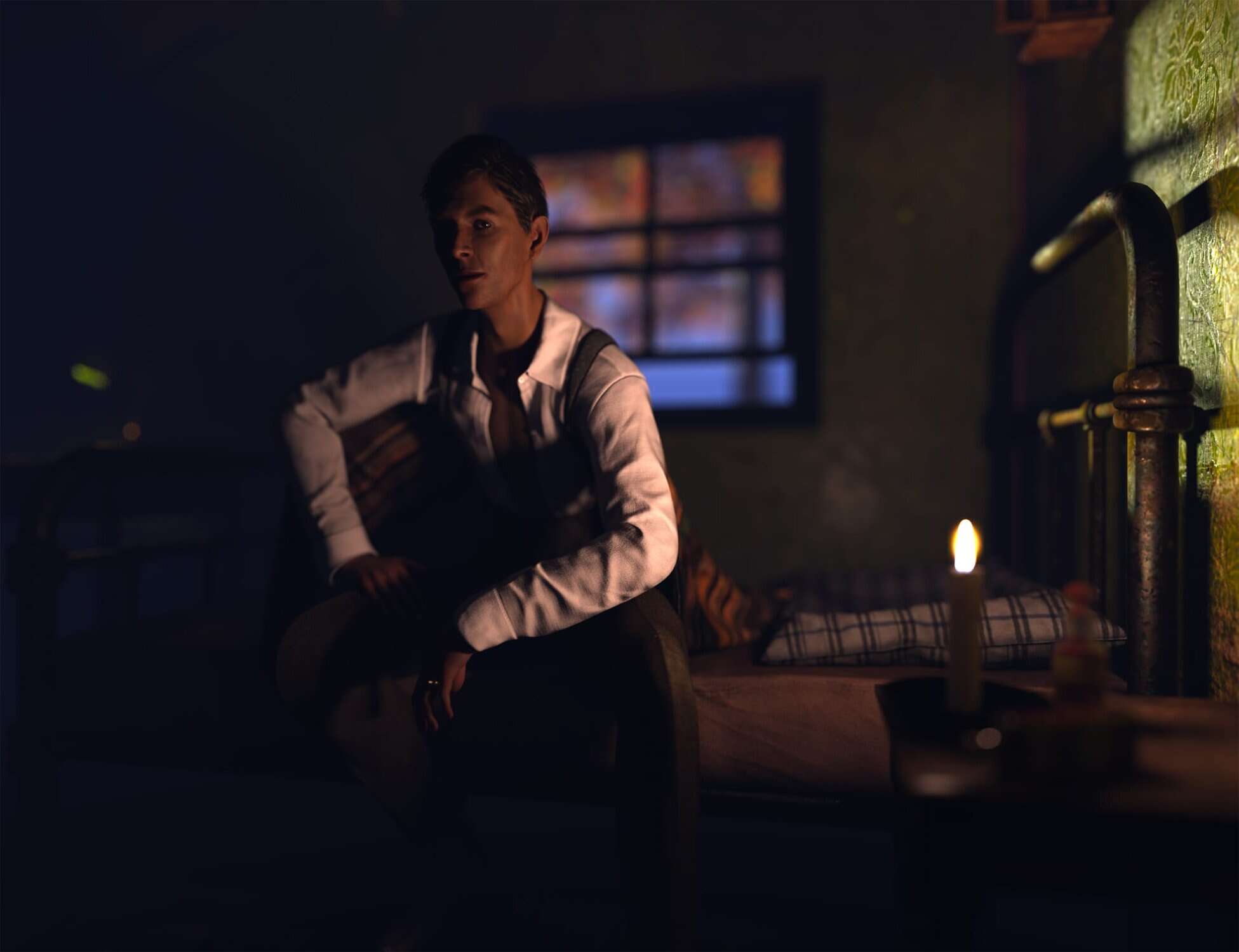 Young man reflecting alone in a dim early 20th-century bedroom illuminated by candlelight.