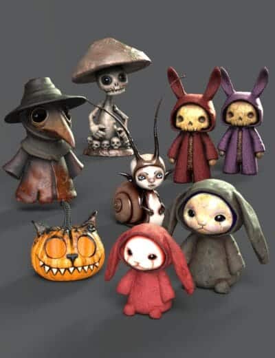 Whimsical Halloween characters including dolls, skeletons, a jack-o-lantern, and eerie fantasy creatures.