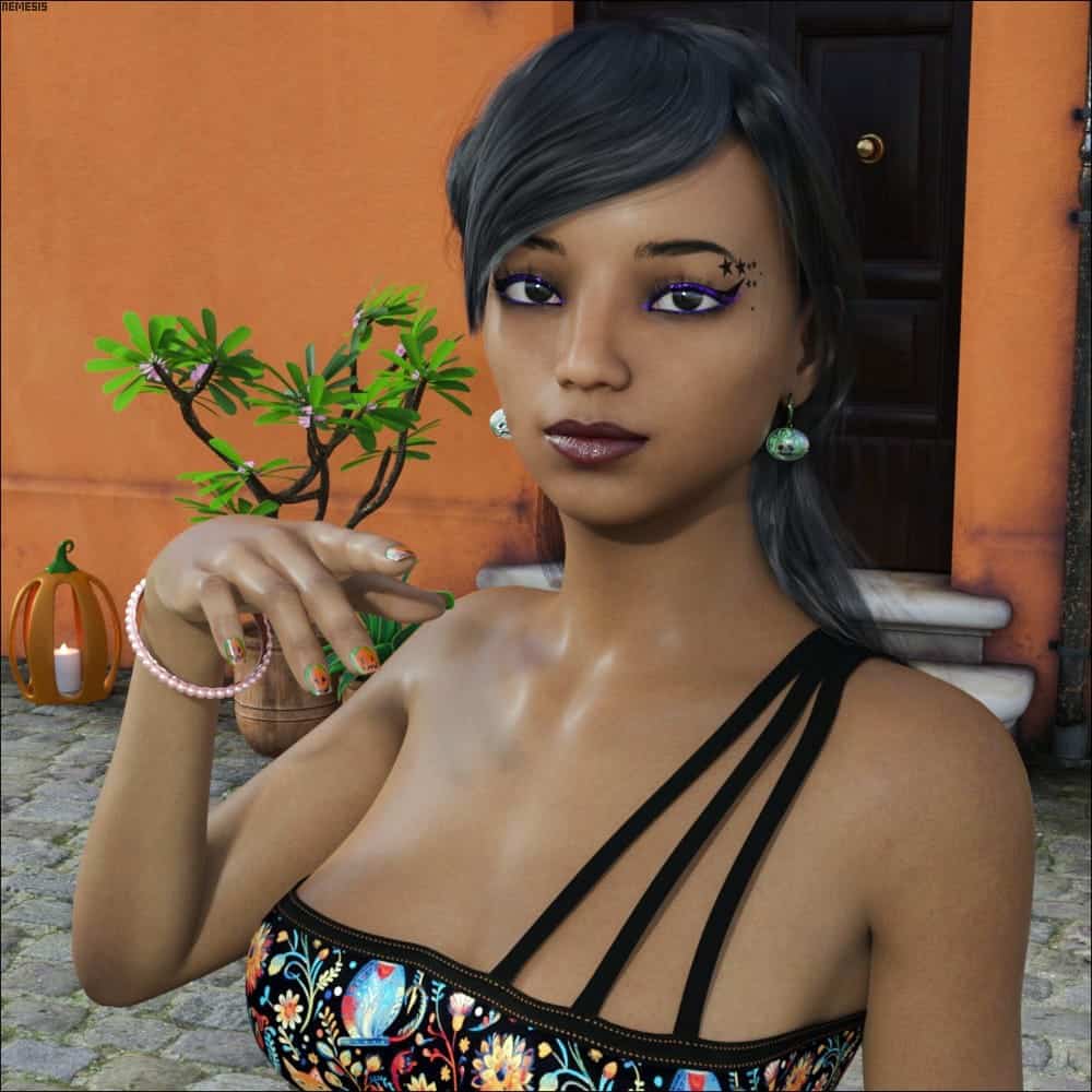 Stylish woman outdoors with floral top, green earrings, pumpkin, and autumn decor.