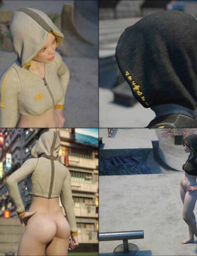 3D female character in urban graffiti-filled cityscape wearing hoodie, realistic lighting, confident pose.