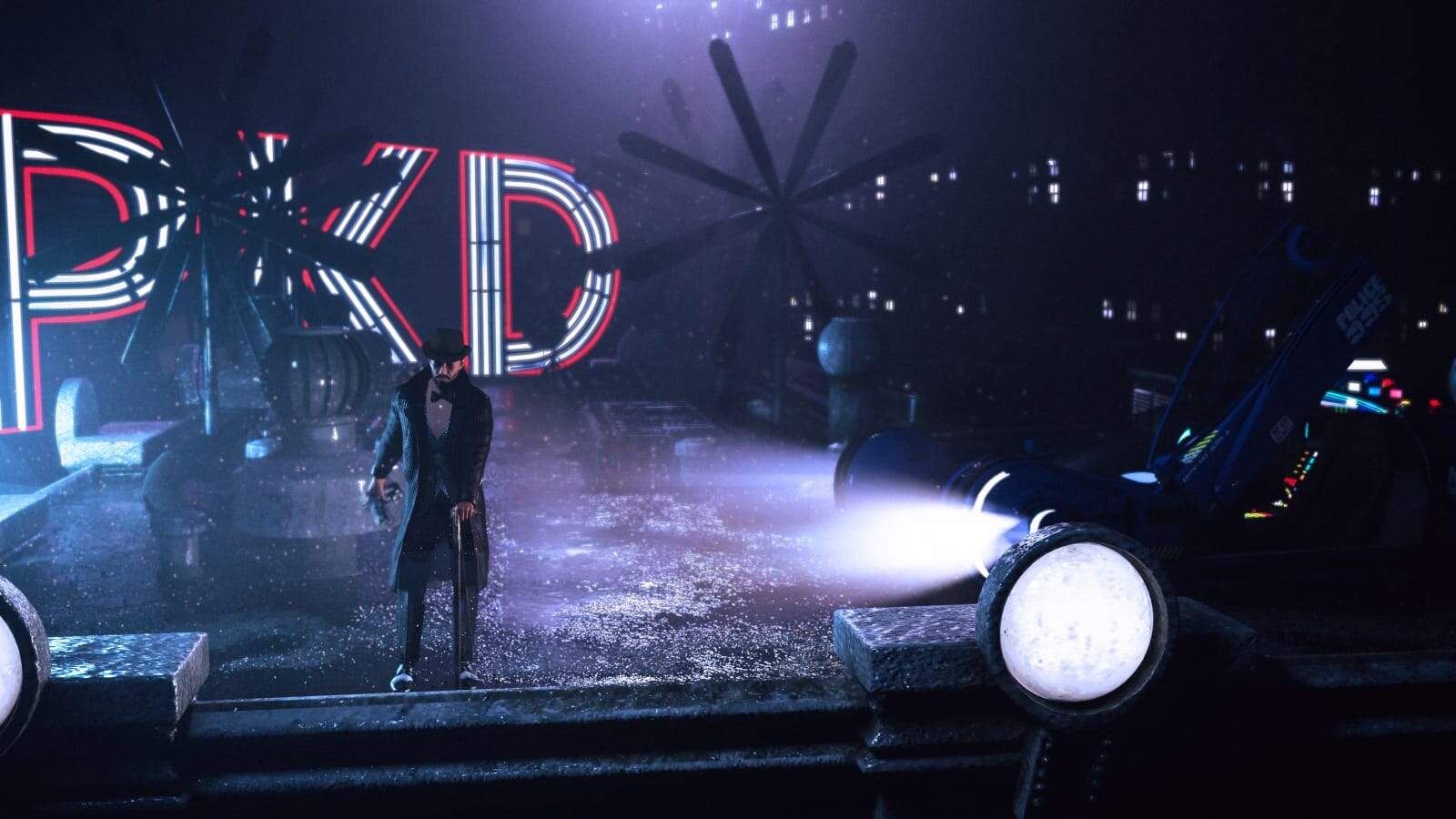 Cyberpunk detective on rain-soaked rooftop with neon lights and futuristic cityscape at night.