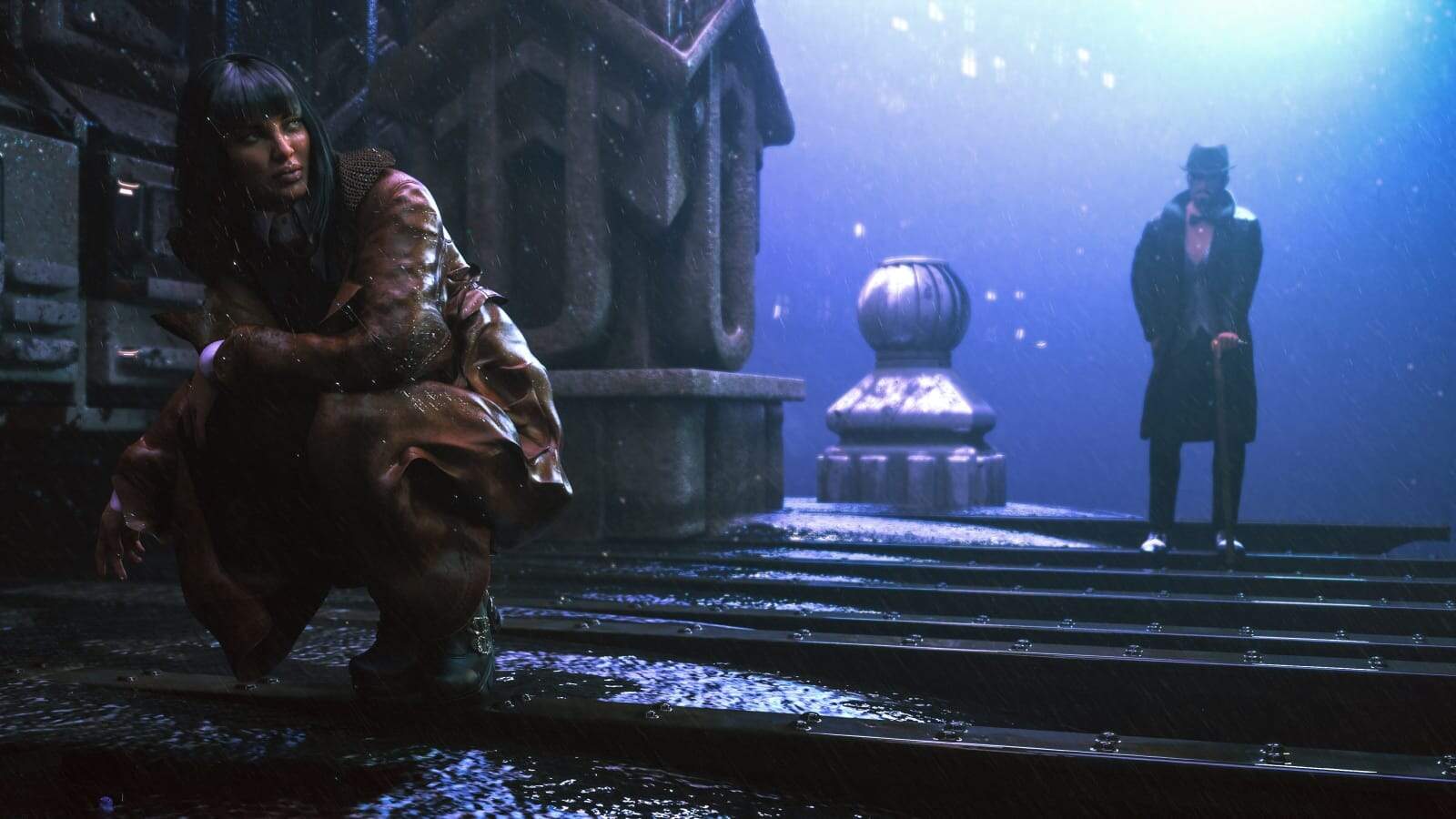 Rainy city rooftop scene with tense woman and mysterious figure in noir, moody neon lighting.