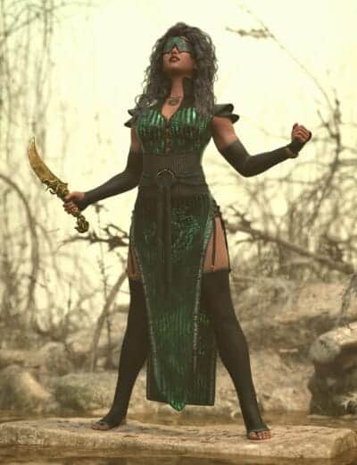 Fierce female warrior with golden blade in post-apocalyptic landscape, wearing mystical armor and confident stance.