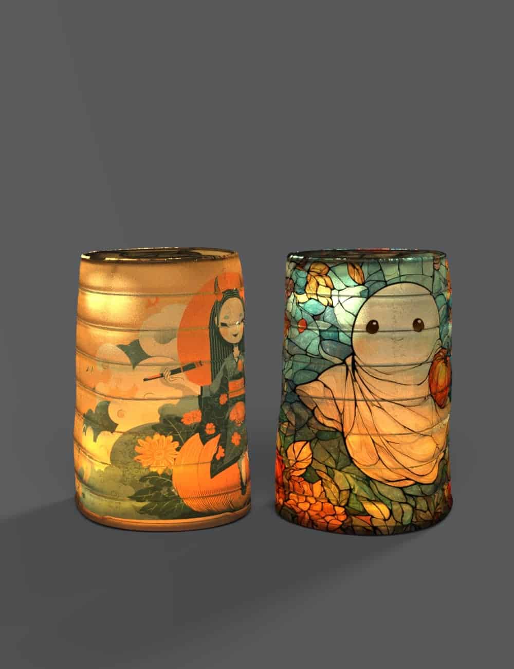 Illuminated decorative lanterns featuring whimsical girl and ghost designs with vibrant and tranquil colors.