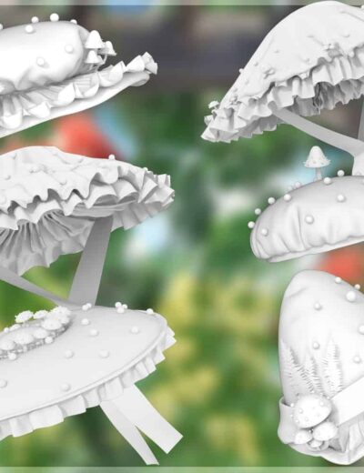 Elegant vintage 3D hat models with intricate ruffles, ribbons, and decorative details.