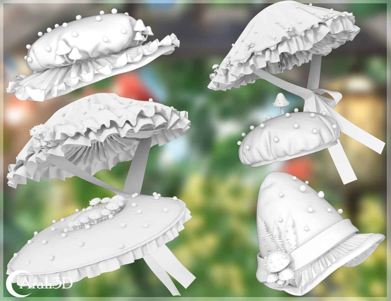 Elegant vintage 3D hat models with intricate ruffles, ribbons, and decorative details.