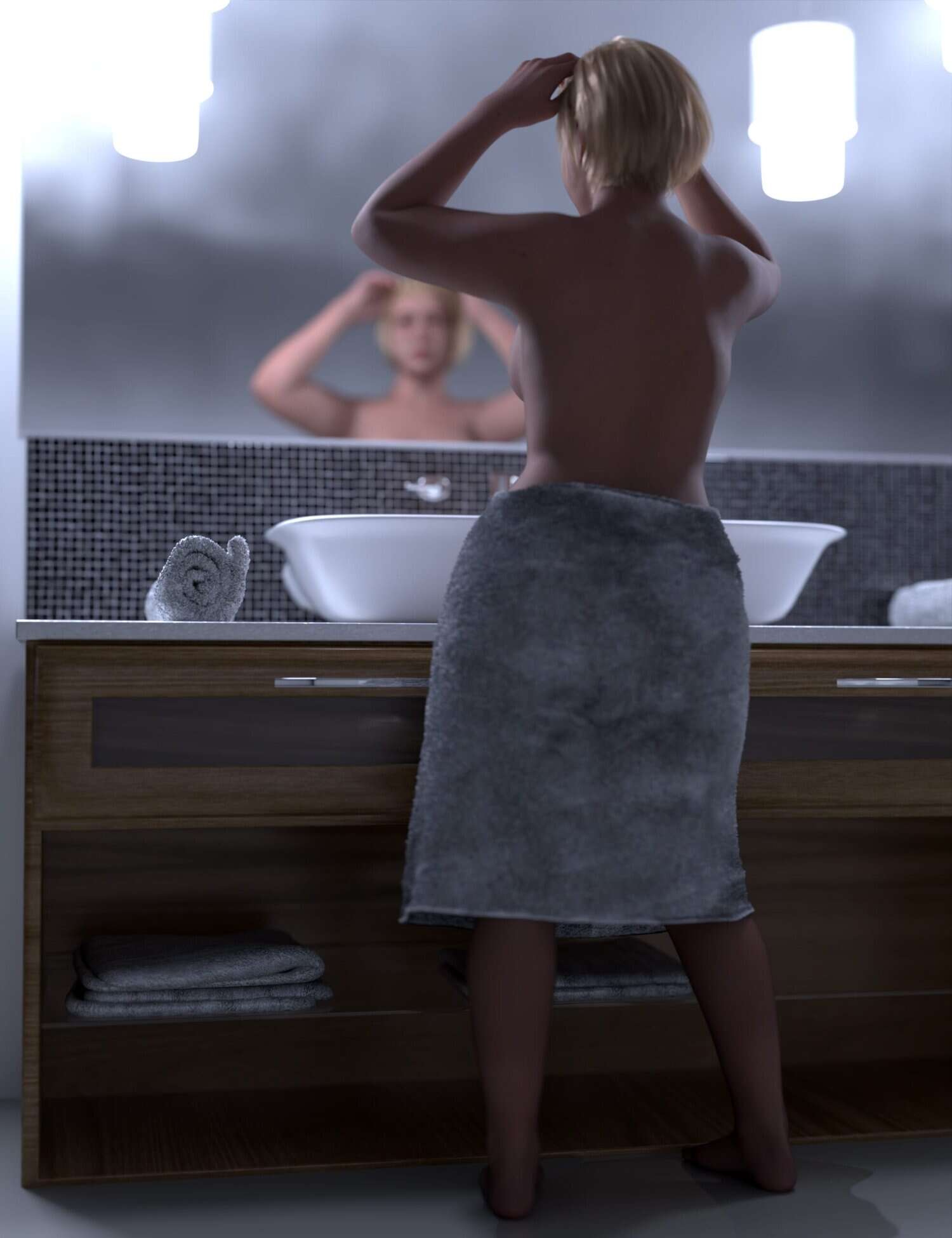 Person in a modern bathroom adjusting hair after shower, with sleek mirror and minimalistic decor.