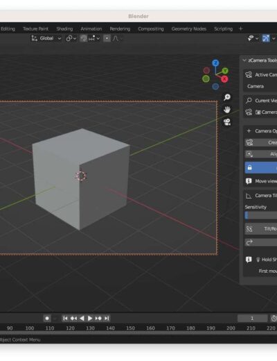 Blender 3D workspace with camera setup, default cube, timeline, and organized interface.