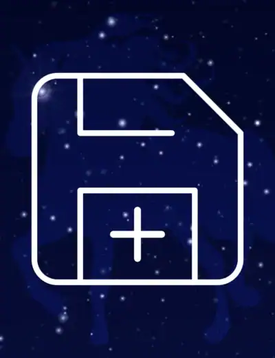 Futuristic save icon with unicorn in starry cosmos, blending technology and fantasy.
