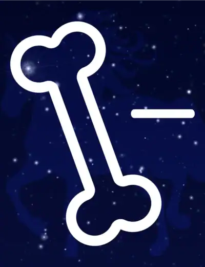 Minimalist image of Sagittarius constellation with a playful bone symbol against a starry navy background.