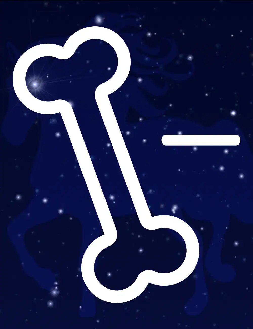 Minimalist image of Sagittarius constellation with a playful bone symbol against a starry navy background.