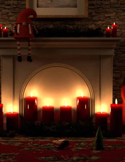Cozy Christmas fireplace with candles, gnomes, greenery, and festive holiday decorations.