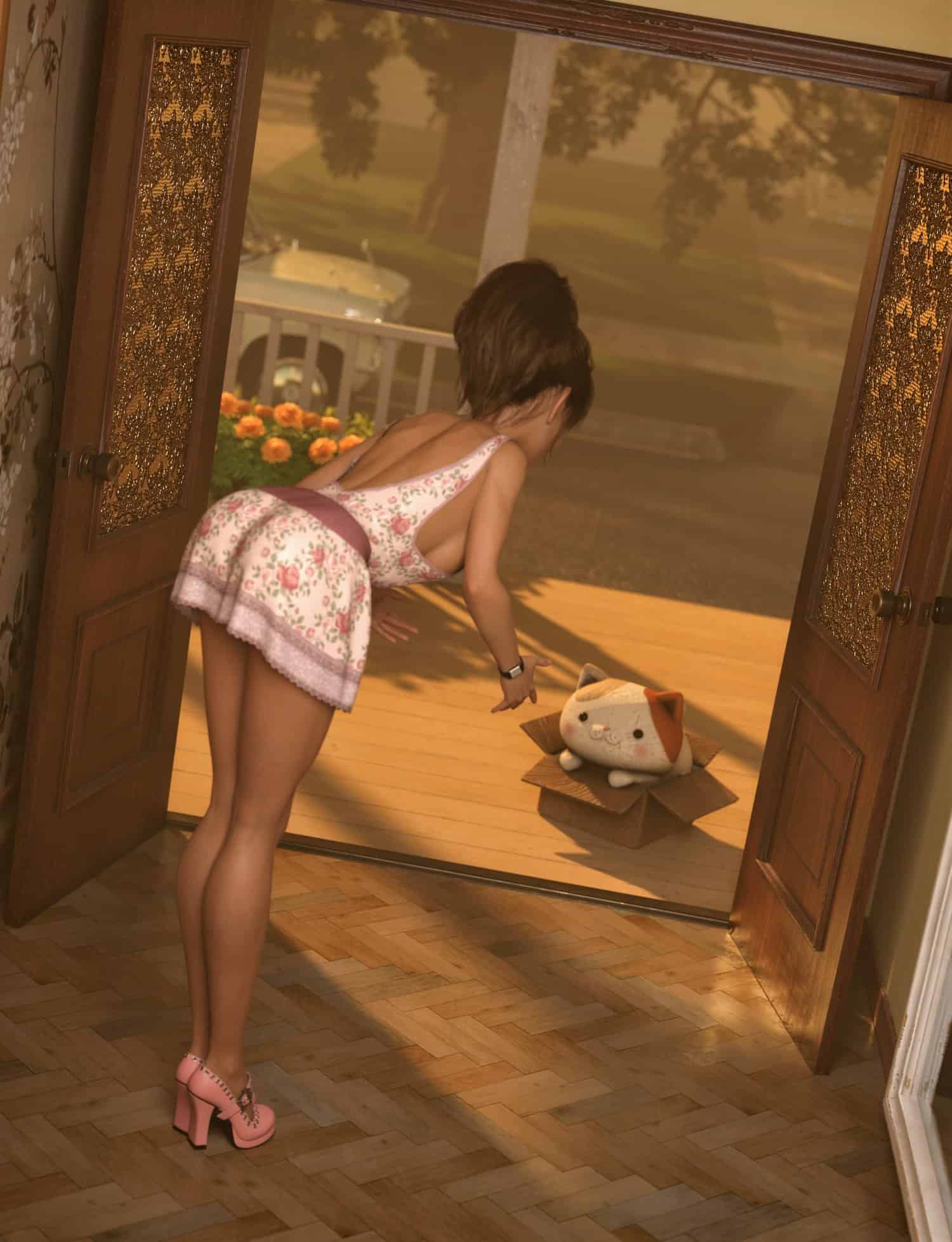 Woman discovers adorable plush cat on porch in warm suburban setting with flowers and vintage car.