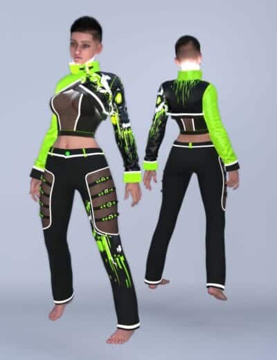 Futuristic neon cyberpunk streetwear with edgy cropped jacket and fitted pants, glowing green accents.