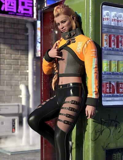 Futuristic streetwear in neon-lit cyberpunk city with vending machine, urban rebel style, nighttime vibe.