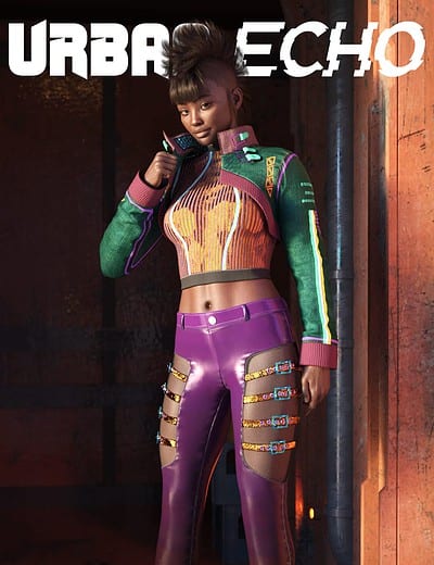 Futuristic cyberpunk woman in vibrant streetwear in gritty industrial urban environment.
