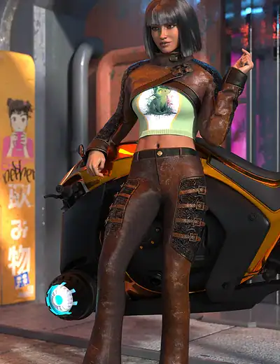 Futuristic cyberpunk woman with neon motorcycle in cityscape, wearing leather fashion with urban style.