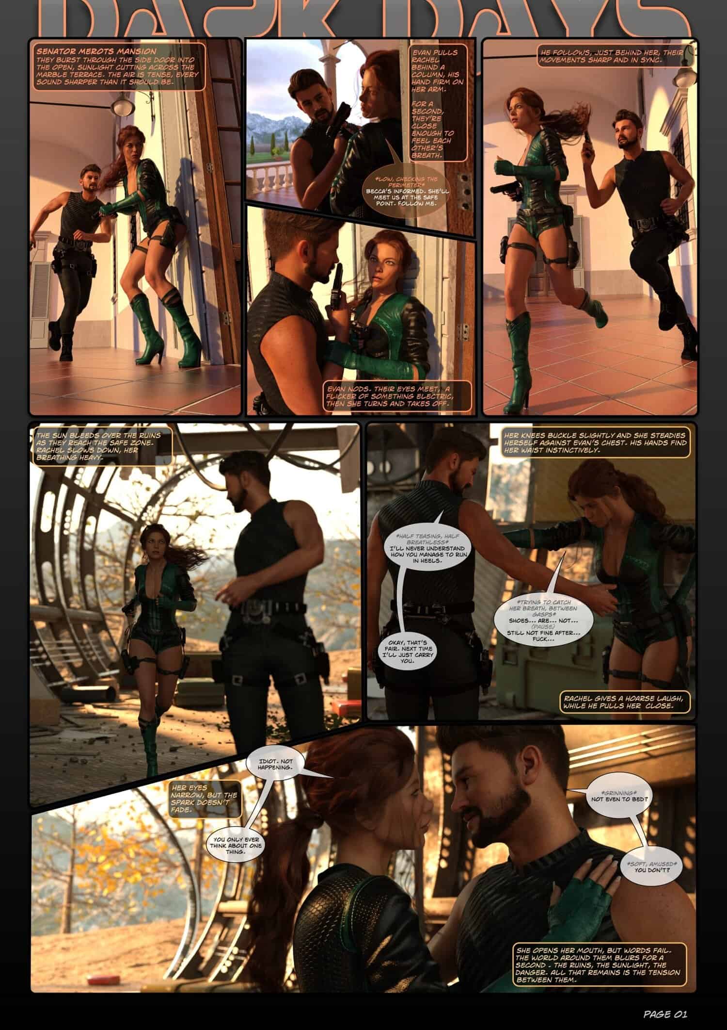 Post-apocalyptic reunion showing tension turning into trust between armored woman and muscular man.