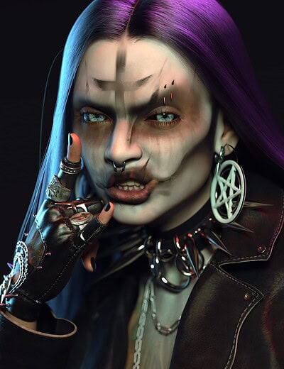 Gothic rebel with skull makeup, piercing eyes, violet hair, chains, and occult-themed accessories.