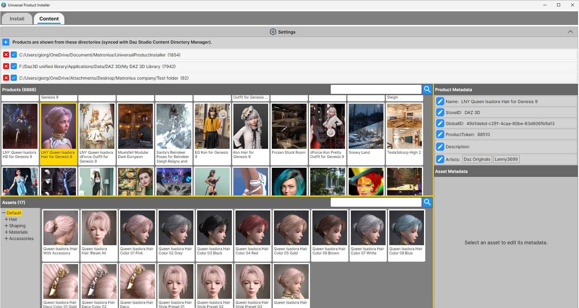 Daz Install Manager asset library interface showing product categories, previews, and metadata details.