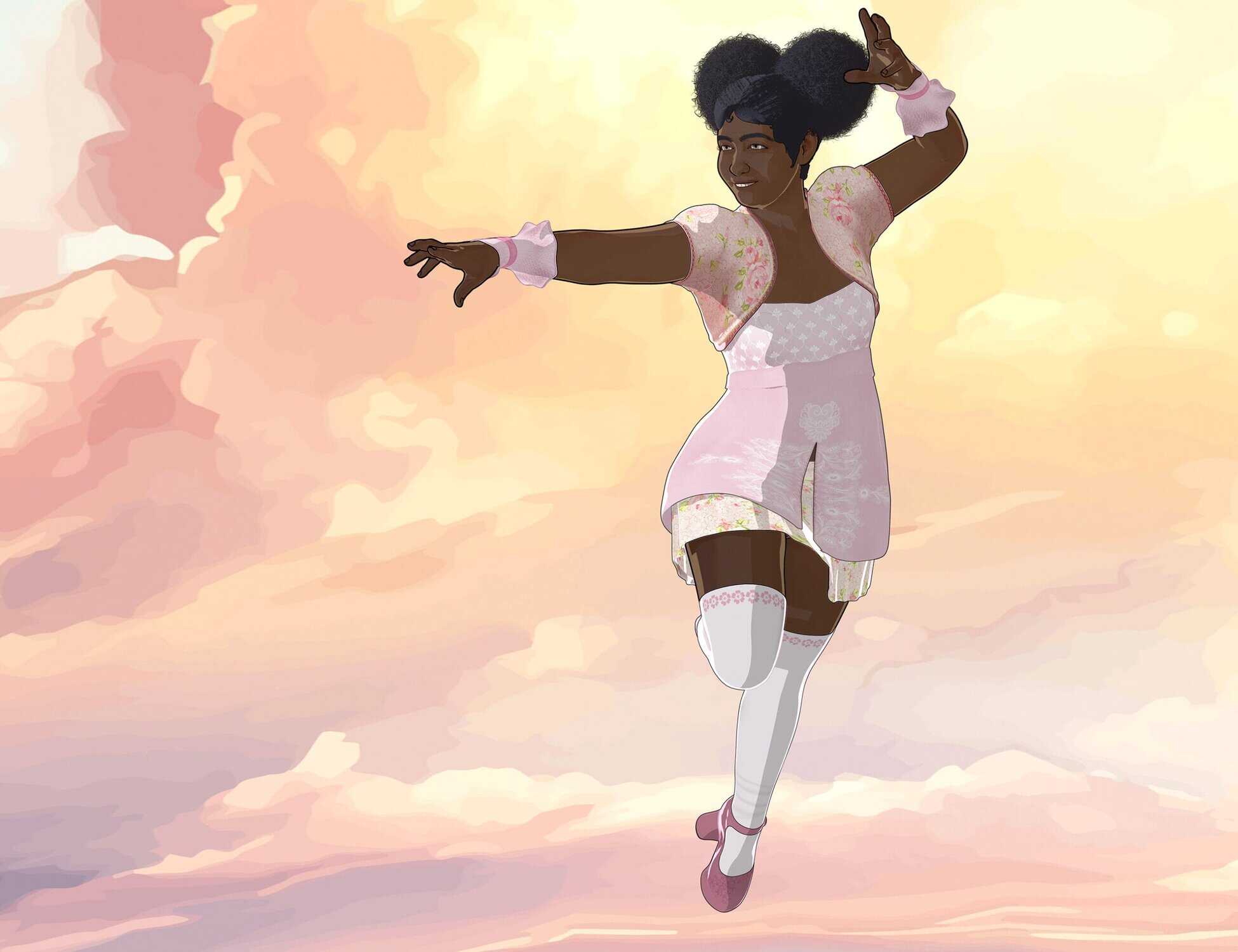 Woman dancing in pastel clouds, wearing whimsical pink and white dress, radiating confidence and serenity.