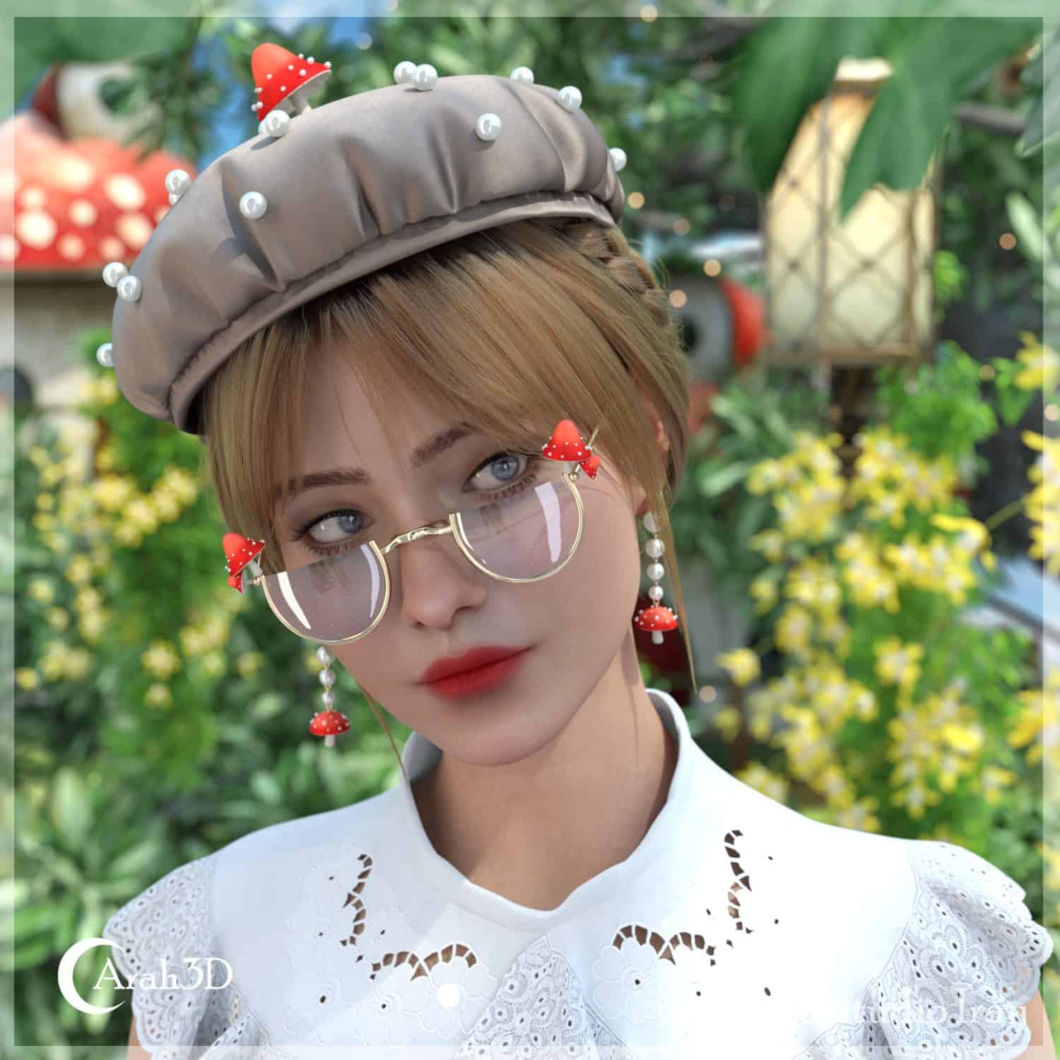 Whimsical fairy girl with glasses, mushroom hat, vintage lace blouse in enchanted garden setting.